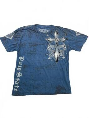 Raw State Premium Mens Shirt XL Blue Graphic Cross Studded Wing Y2K Grunge Biker